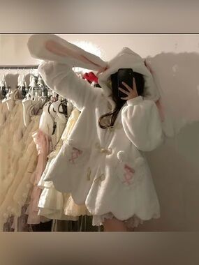White Kawaii Plush Bunny Ear Jacket Heavy Pink Bow Toggle Jojifuku Jfashion m

I
